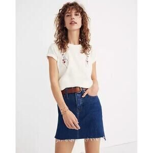 Madewell denim mini skirt step hem raw hem waist 24